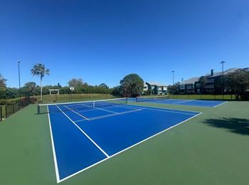 A tennis court with a blue surface and white lines.